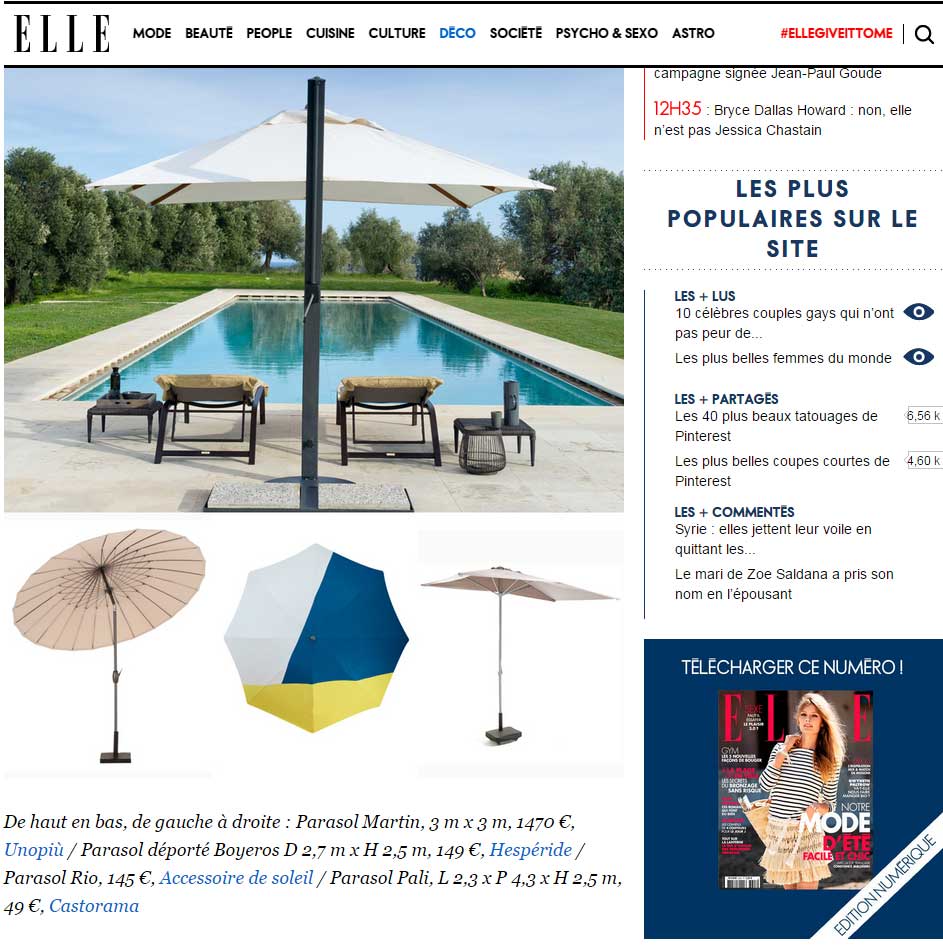 Les Parasols Accessoire de soleil dans le magazine Elle Décoration