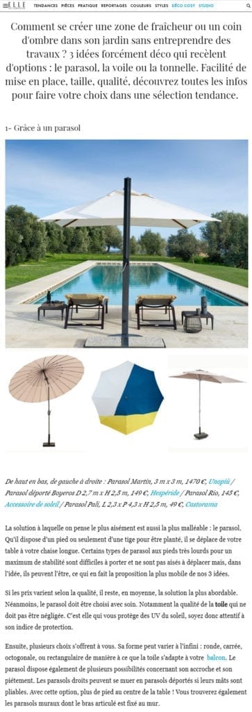 Parasol Accessoire de Soleil dans le Magazine ELLE-Décoration